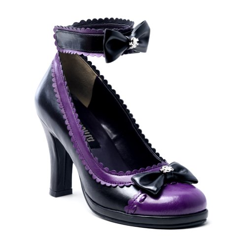 3 3/4 Inch Sexy High Heel Pump Shoes Ankle Cuff Thick Heel Skull Bows Gothic Shoes Purple