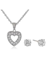 Sterling Silver and Cubic Zirconia Heart Pendant Necklace and Earrings Jewelry Set