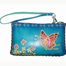 Hand Made Leather Change coin Purse, Rectangle Shape, Butterfly Embossed, a Mini Wristlet Bag,...