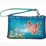 Hand Made Leather Change/coin Purse, Rectangle Shape, Butterfly Embossed, a Mini Wristlet Bag, Collectible (Blue)