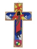 Hand Painted Wood Cross- New Rising Christ- 9.8 inch. / 25 cm.