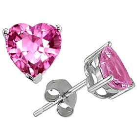 3.00 cttw 14K White Gold Plated 925 Sterling Silver Heart Created Pink Sapphire Earring Studs