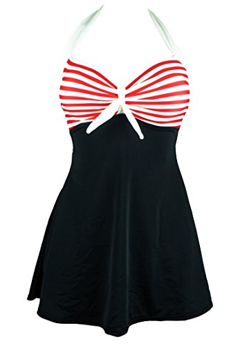 Cocoship Black & Red White Striped Vintage Sailor Pin Up Swimsuit One Piece Skirtini Cover Up Swimdress M(FBA)