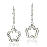 Sterling Silver CZ Open Flower Dangle Leverback Earrings