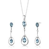 Sterling Silver Rhodium Finish 4.00 carats total weight Oval Shape Swiss Blue Topaz Pendant Earrings and 18 inch Necklace Set