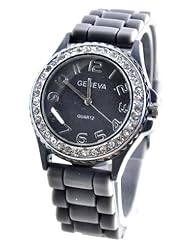 New Silicone Gel Ceramic Style Jelly Band Crystal Bezel Womens Watch Gray/Silver