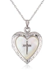 Sterling Silver Heart with Mother-of-Pearl Cross Design Locket Necklace, 19.05