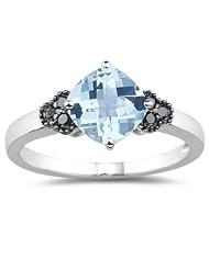 0.09 Cts Black Diamond & 1.50 Cts Aquamarine Ring in 14K White Gold