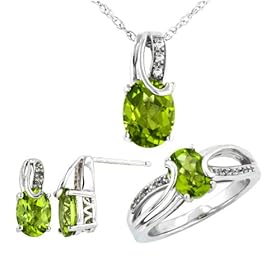 Sterling Silver Peridot w/ Diamond-Accent Size-7 Ring, Pendant and Earrings, Set of 3