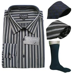 4 PIECE BONUS PACK: Mens Eterno Italy Dress Shirt & Neck Tie Set + bonus gifts! Very high quality fabric: 65% cotton, 35% microfiber and completely wrinkle resistant / iron-free. You will receive the following Eterno products: one dress shirt, 2 neck ties and one pair of dress socks. Can't beat this incredible wholsale price!