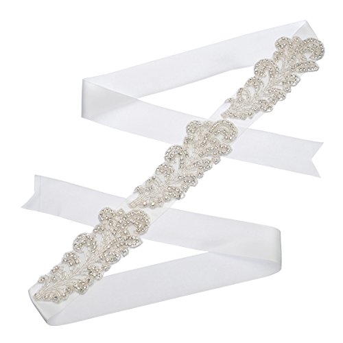 Remedios Crystal Beaded Ivory Satin Bridal Sash Wedding Belt for Bride
