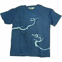 Batik Dragon T-Shirt made in Thailand. Each is a handmade unique work of art. Candle wax is applied to a white shirt to create the dragon design. Natural dyes are used to achieve an earthy brown, an indigo blue and an indigo black.