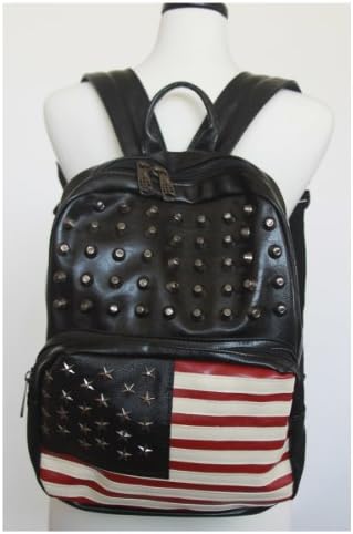 American Flag Backpack Bag Studs Accents Adjustable Straps Zip Pockets- Black