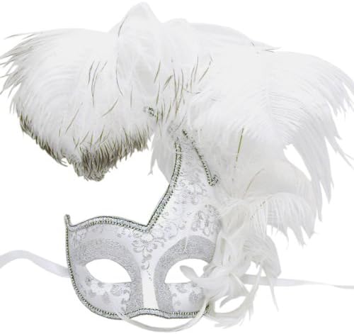 White And Silver Swan Feathered Venetian Masquerade Mask