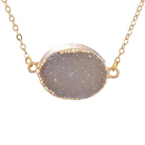 MJARTORIA Gold Color Bezel Oval Shape Natural Stone Grey Quartz Pendant Healing Druzy Necklace