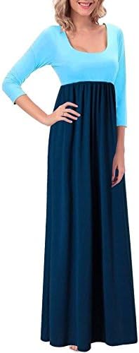 Cacuu Women's Contrast 3/4 Sleeve Elastic Waist Long Maxi Dress (X-Large, Mint Navy)
