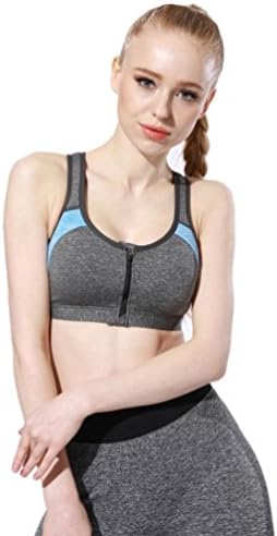 Women Sports Paded Zipper Push Up Fitness Workout Yoga Bra Top (M, Blue)