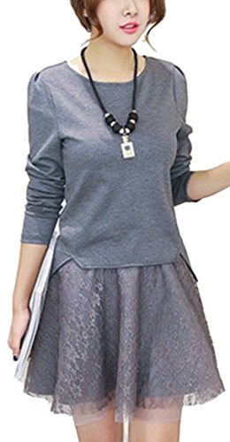 秋冬物 レディース 七分袖 シャツ Uネック カットソー ミニフレアレーススカート ツーピース セットアップ ナチュラル 清楚 ガーリー ビジネス カジュアル 大人 オリジナルアクセサリー付属 EVM0351