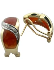 Red Jade Cross-Over Earrings with Diamonds, 14k Gold