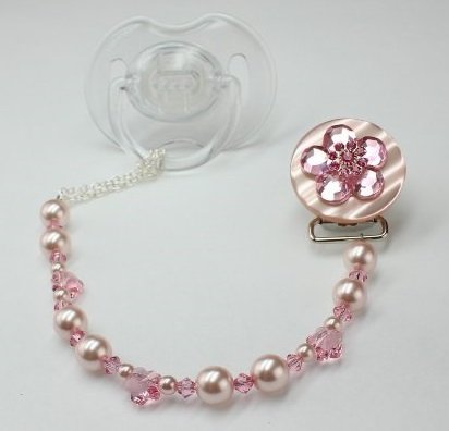 Crystal Dream Elegant Pink Swarovski Pearl and Crystal Sparkly Flower Keepsake Girl Infant Pacifier Clip 8 Inch (CBLP)