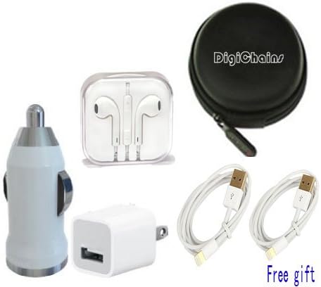 DigiChains® 5-in-1(1pcs cable free gift) Earphone/cable Hard Case/Bag + earphone + Wall Charger + Car Charger+ 1M Length USB Sync Data / Charging White Cable for iPhone 5 / 5C / 5S iPad Mini iPod Touch 5th Gen