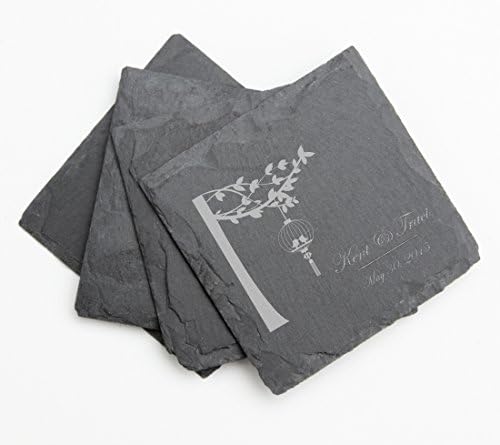 Personalized Slate Coasters, Custom Engraved Slate Coaster Set Tree Bird Cage Design 32-Personalized Wedding Gift, Bridal Shower Gifts, Housewarming, Anniversary
