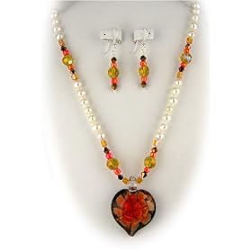 Murano Glass Orange Flower Heart Pendant Freshwater Pearls Sterling Silver Necklace Earrings 1305