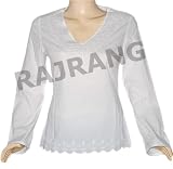 Boho Indian Bollywood Hand Embroidered Fashion White V- Neck Women Kurti Top Tunic Dress Shirt