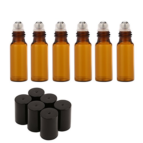 Mavogel 5ml Amber Glass Roller Bottles-Set of 6 Roll Bottle With Metal Ball for Essential Oil,Aromatherapy,Perfumes and Lip Balms