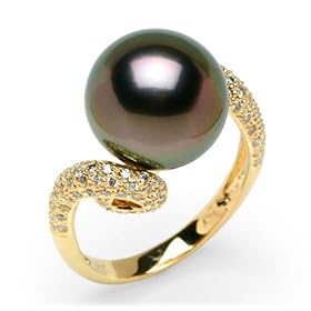 Tahitian Black Pearl Ring with Diamond in 14K Yellow Gold by
