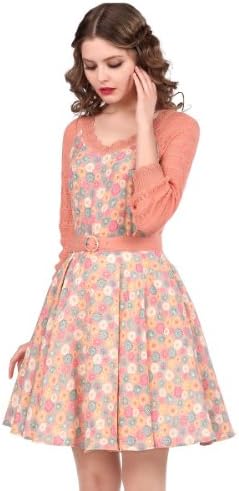 Artka Women's Floral Belt Cinch Waist Perforated Knit Patched Dress,Floral,L