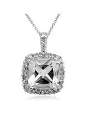 Jewelili Cushion Cut White Topaz and Diamond Pendant in 10K White Gold, 18" Chain