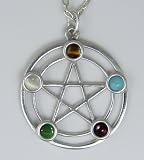 Sterling Silver Pentacle Pendant with the 5 Elements Set with Genuine Stones