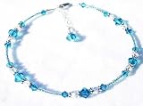 December - Blue Zircon Sterling Silver Anklets - Handmade Adjustable Beaded Birthstone Ankle Bracelets