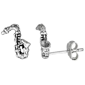 Buy Tiny Sterling Silver Saxophone Stud Earrings made by Sabrina Silver now!