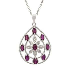 Sterling Silver Ruby and Diamond Teardrop Pendant Necklace, 18 by 