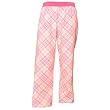 Pink and black diagonal diamond tartan plaid check flannel cotton pants for lounging, sleep, sports. Unisex relaxed fit, exposed elastic waist