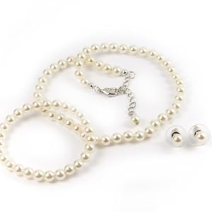 White 6mm Glass Pearl Necklace, Bracelet and Earring Set