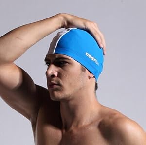 Qishi's Blue and White Color Stitching Cloth Swimming Caps for Men