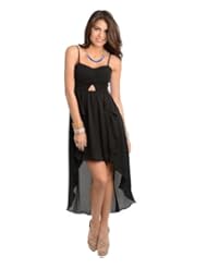 G2 Chic Womens Cut-Out Waist High Low Maxi Ruffled Cocktail Dress(DRS-EVP,BLK-L)