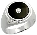 14k White Gold Men's Ring, w/ Black Onyx Stone & 0.05 Carat Brilliant Cut Diamond, 5/8" (15mm) wide