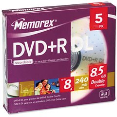 Memorex 05835 Dual Layer DVD+R Disc, 5/Pack. Memorex (05835) Double Layer Recordable DVD+R Discs, 8x recording speed, 8.5GB, 5/pack Memorex 05835