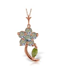 14K Gold Natural Aquamarine and Peridot Flower Pendant Necklace
