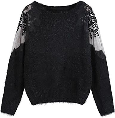 Sheinside® Women's Black Contrast Hollow Lace Long Sleeve Mohair Sweater (One-Size, Black)