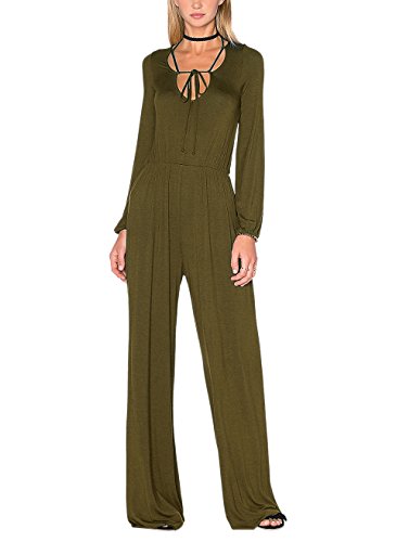 Womens Bandage High Waist Long Sleeve Bell Bottom Jumpsuits Army