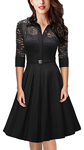 Rongstore® Women's Vintage 1950s Style 3/4 Sleeve Black Lace Flare A-line Dress
