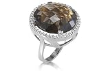 14K White Gold Matte-Finish Designer Ring, Centered with a Smokey Topaz Semi-Precious Stone, Surrounded by Pave Set Diamonds.