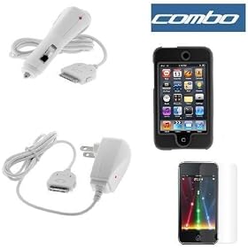 Solid Black Rubberized Snap on Crystal Case + Clear Durable Reusable LCD Screen Protector + Rapid Automobile Charger + Home Travel Charger for Apple Ipod Touch Itouch 8GB 16GB 32GB 2G second Generation
