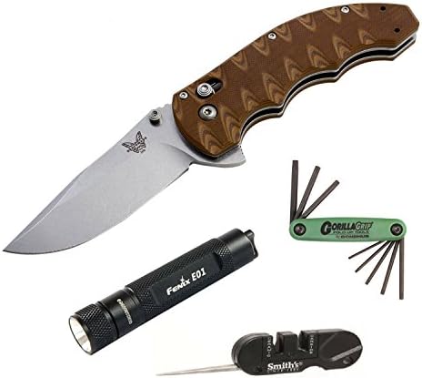 Benchmade 300SN Axis Flipper Plain Edge Knife + 12-piece Folding Tool Kit + Knife Sharpener for Plain and Serrated Edge Knife + Compact Keychain LED Flashlight