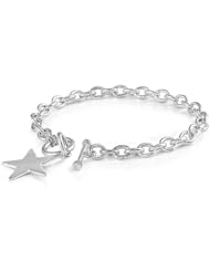 925 Sterling Silver Bracelet with Charms - Rhodium Plated Bracelet with Star Design - Charm Height:21.5mm,Charm Thickness:1.34mm- Length :9".Weight:17 Grams.Chain Width:6mm.